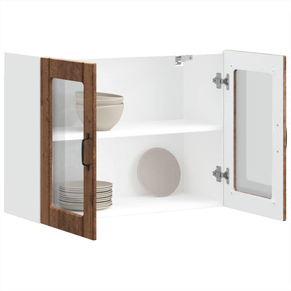 Keukenwandkast met glazen deur bewerkt hout oud houtkleurig