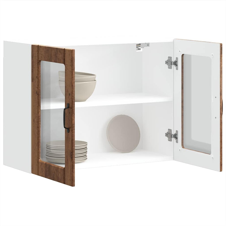 Keukenwandkast met glazen deur bewerkt hout oud houtkleurig