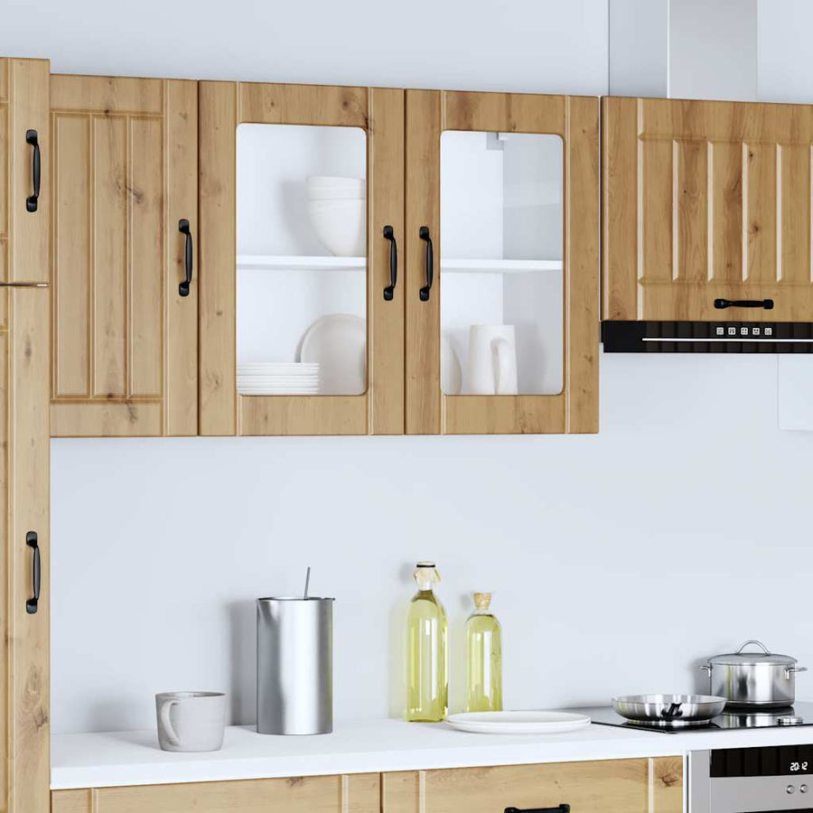 Keukenwandkast met glazen deur bewerkt hout artisanaal eiken