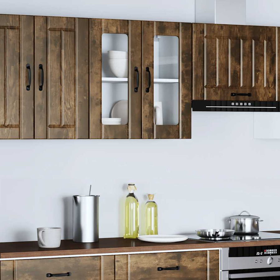 Keukenwandkast met glazen deur bewerkt hout gerookt eikenkleur