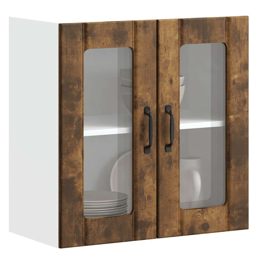 Keukenwandkast met glazen deur bewerkt hout gerookt eikenkleur