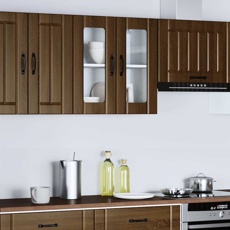 Keukenwandkast met glazen deur bewerkt hout bruin eikenkleur