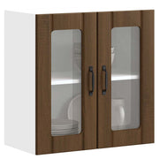 Kitchen wall cabinet with glass door carved wood brown oak color