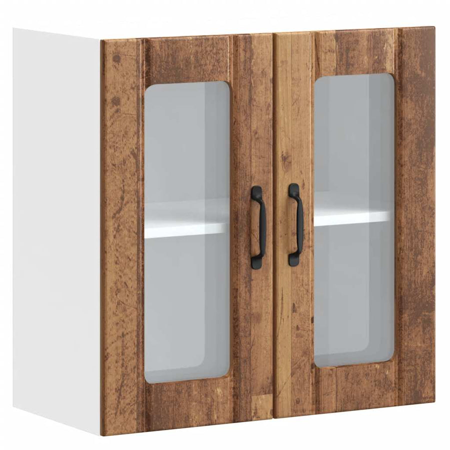 Keukenwandkast met glazen deur bewerkt hout oud houtkleurig