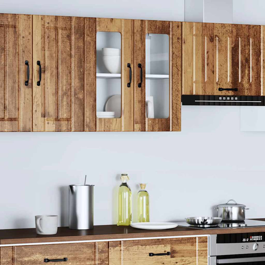 Keukenwandkast met glazen deur bewerkt hout oud houtkleurig
