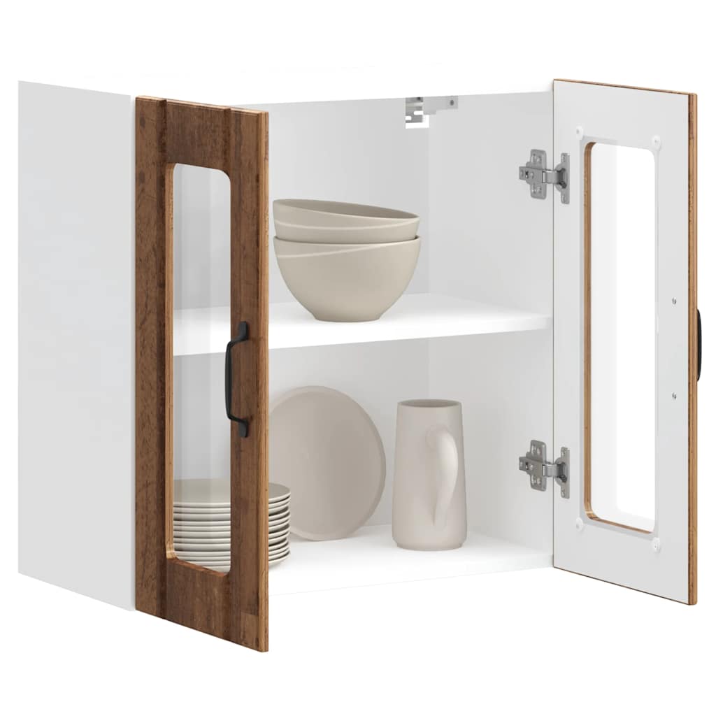 Keukenwandkast met glazen deur bewerkt hout oud houtkleurig