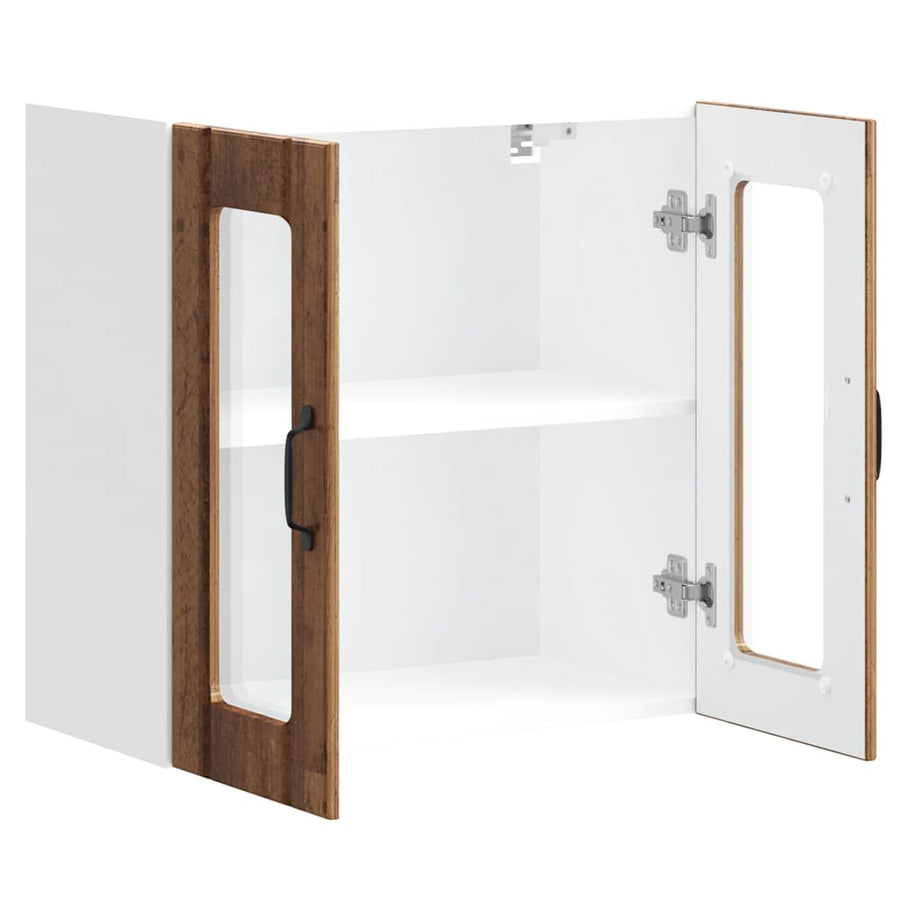 Keukenwandkast met glazen deur bewerkt hout oud houtkleurig