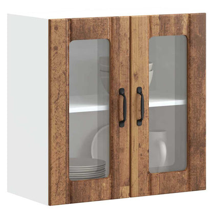 Keukenwandkast met glazen deur bewerkt hout oud houtkleurig