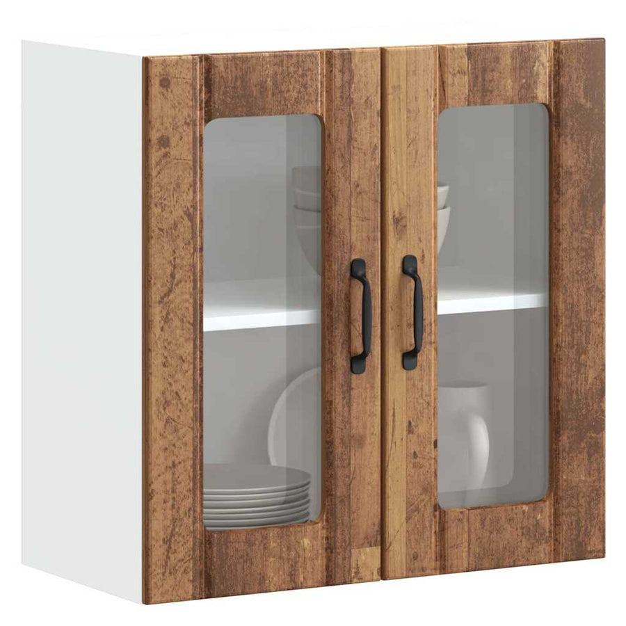 Keukenwandkast met glazen deur bewerkt hout oud houtkleurig