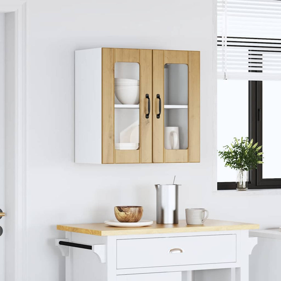 Keukenwandkast met glazen deur bewerkt hout artisanaal eiken