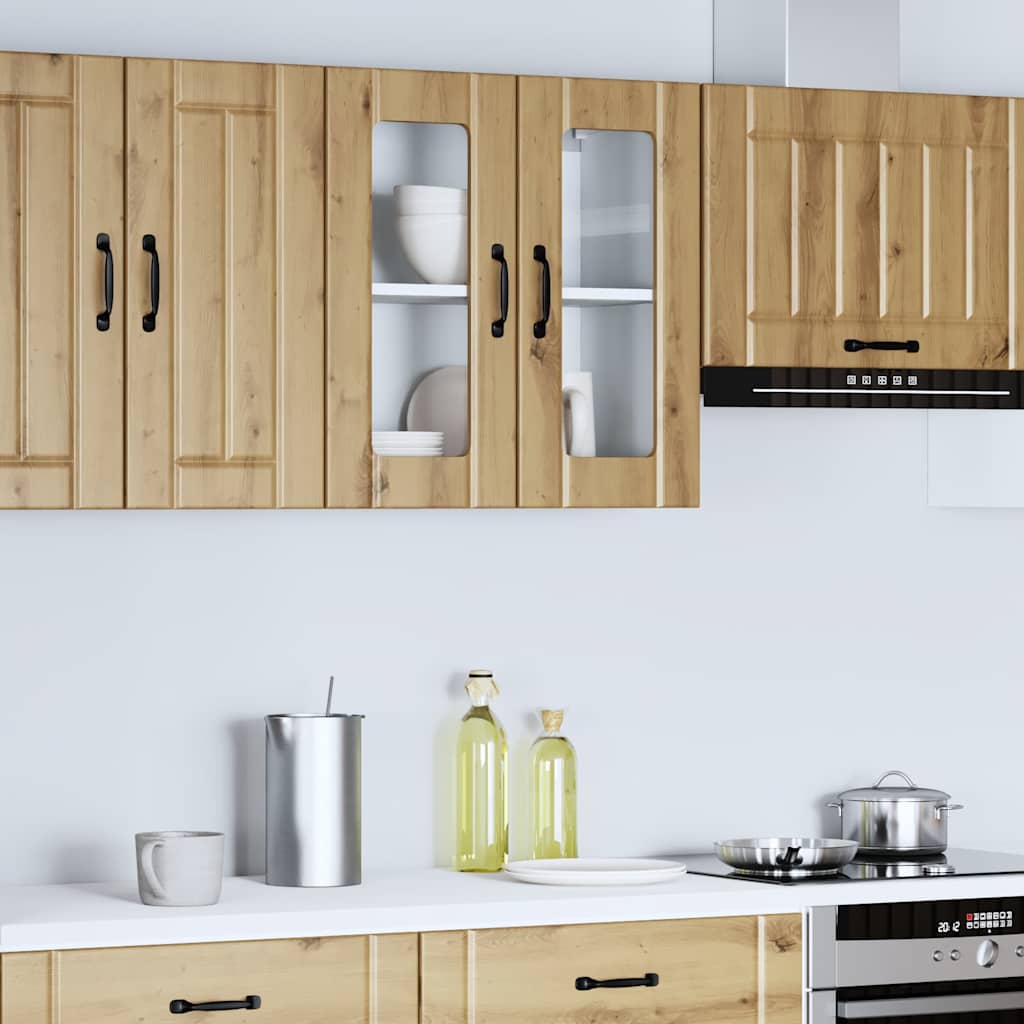 Keukenwandkast met glazen deur bewerkt hout artisanaal eiken