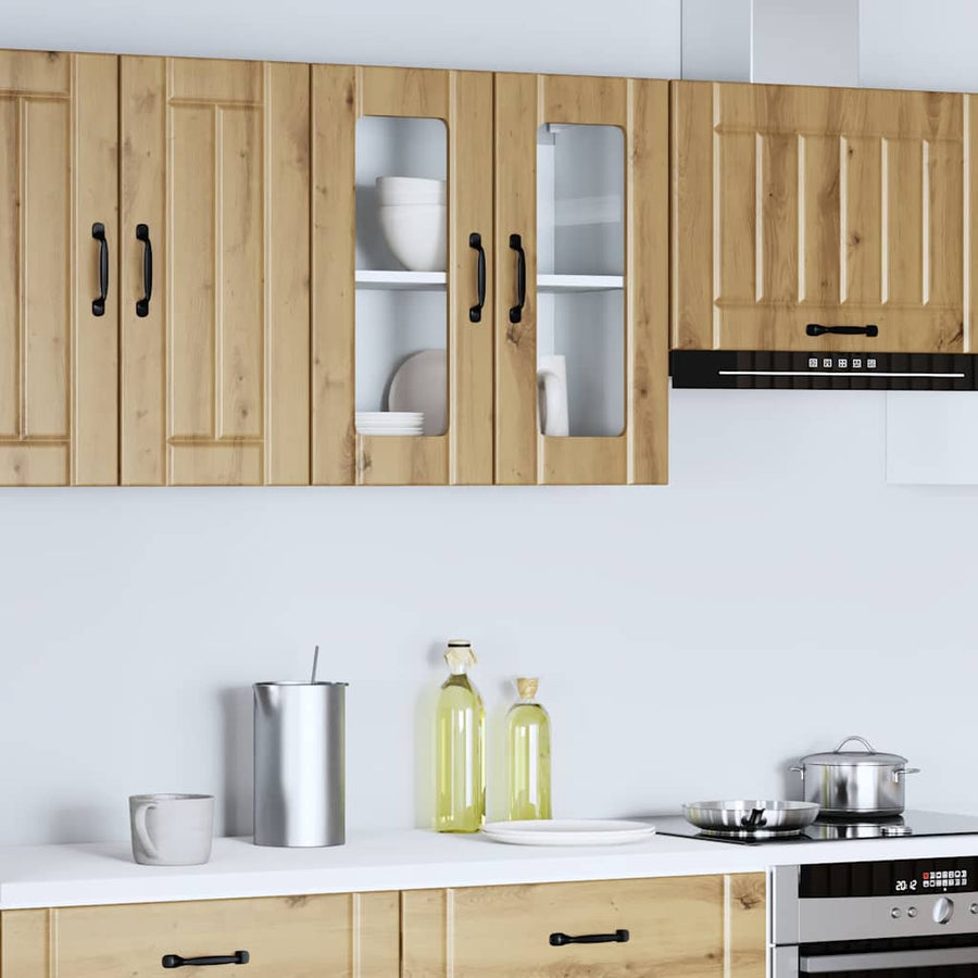 Keukenwandkast met glazen deur bewerkt hout artisanaal eiken