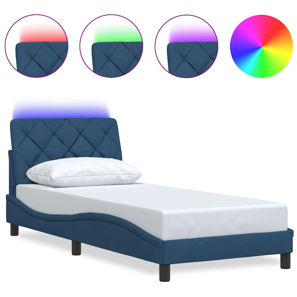 Bedframe met LED zonder matras 90x190 cm stof blauw
