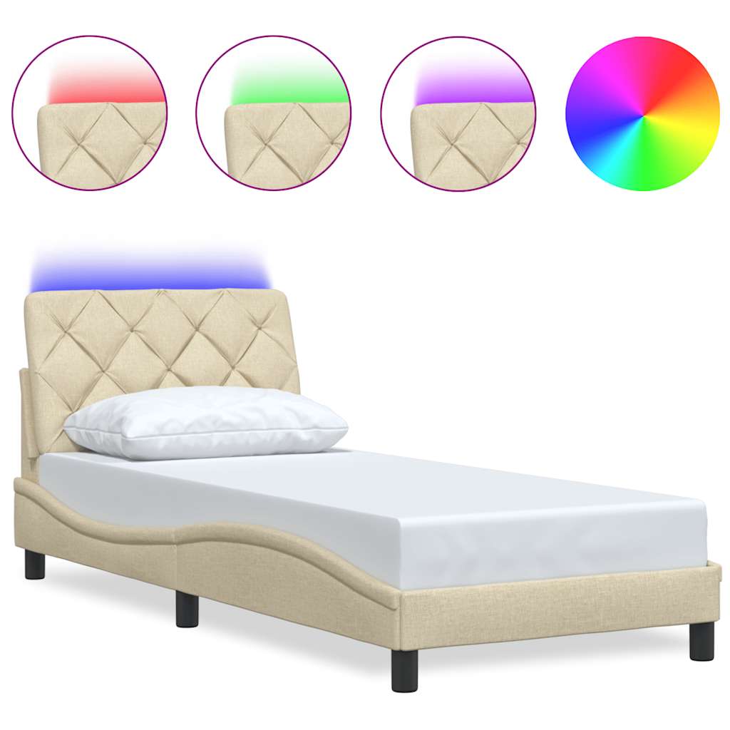 Bedframe met LED zonder matras 90x200 cm stof crèmekleurig