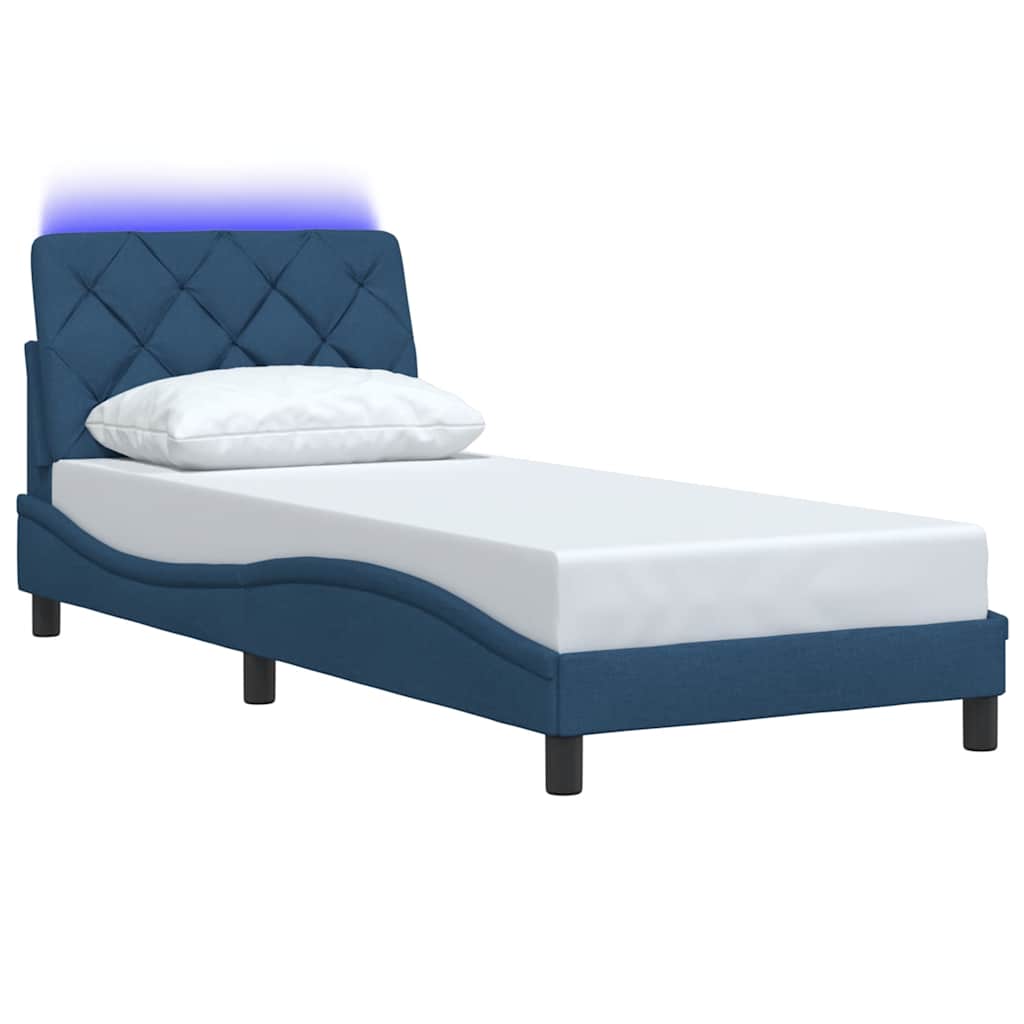 Bedframe met LED zonder matras 90x200 cm stof blauw