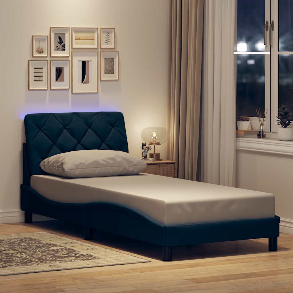 Bedframe met LED zonder matras 90x200 cm stof blauw