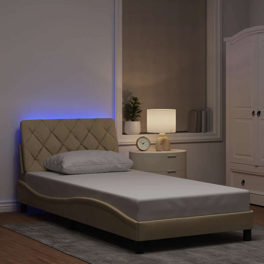 Bedframe met LED zonder matras 100x200 cm stof crème