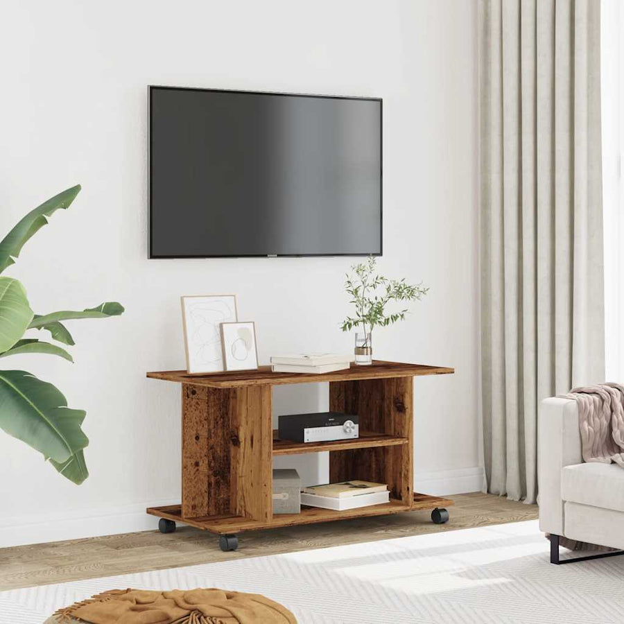 Tv-meubel met wieltjes 80x40x45 cm bewerkt hout oud houtkleurig