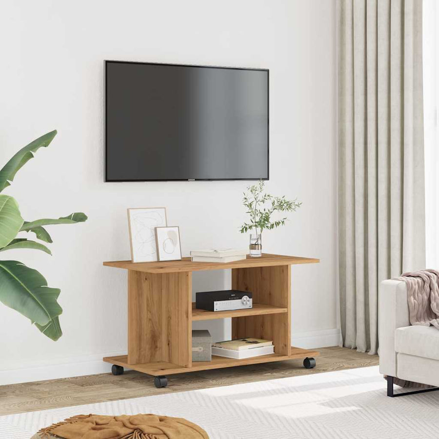Tv-meubel met wieltjes 80x40x45cm bewerkt hout artisanaal eiken