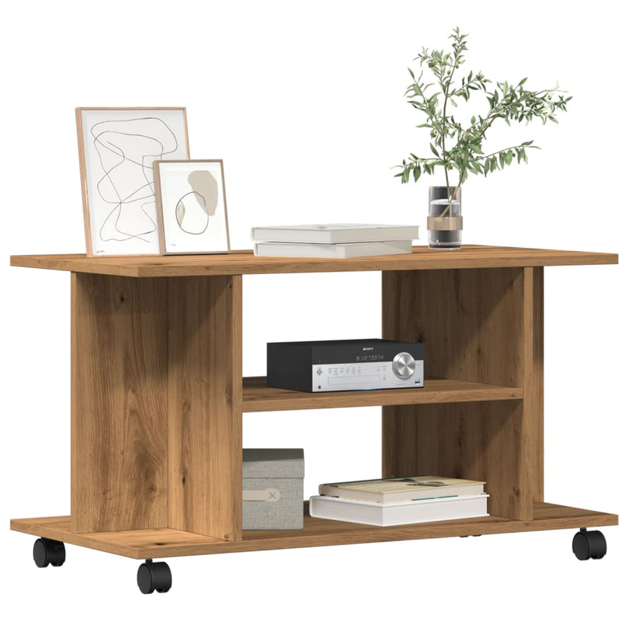 Tv-meubel met wieltjes 80x40x45cm bewerkt hout artisanaal eiken