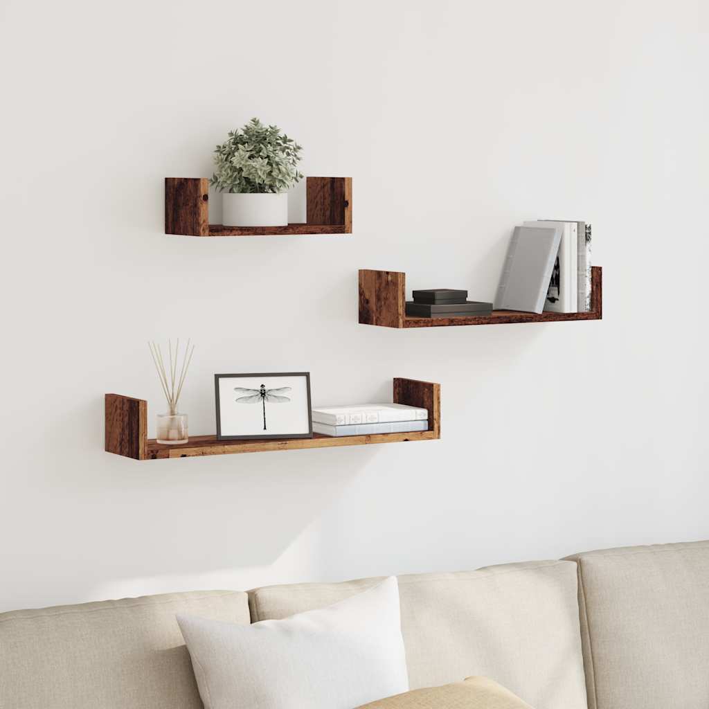 Wandschappen 3 st bewerkt hout oud houtkleurig