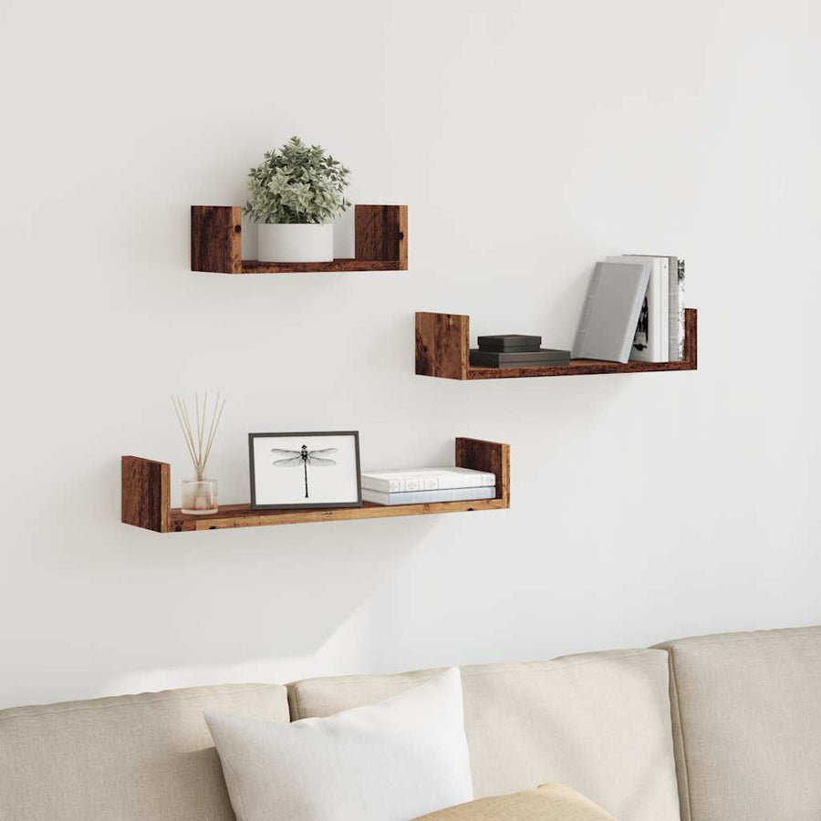 Wandschappen 3 st bewerkt hout oud houtkleurig