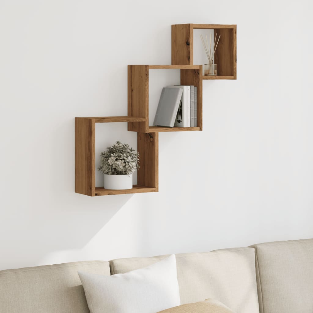 Wandplanken kubus 68x15x68cm bewerkt hout artisanaal eikenkleur