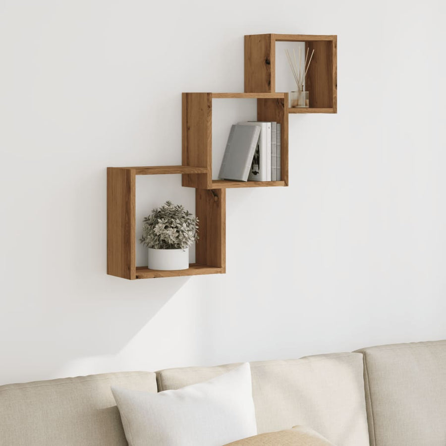 Wandplanken kubus 68x15x68cm bewerkt hout artisanaal eikenkleur