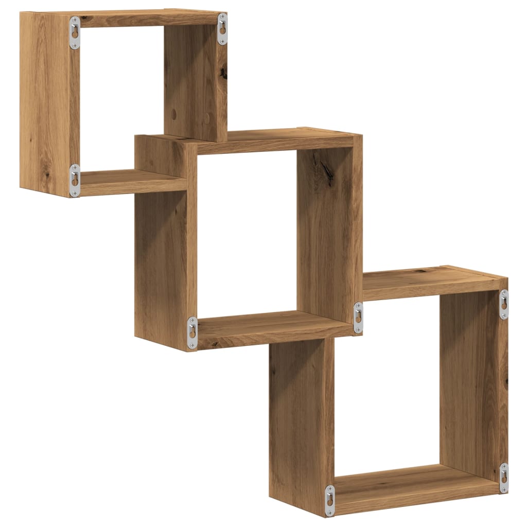Wandplanken kubus 68x15x68cm bewerkt hout artisanaal eikenkleur