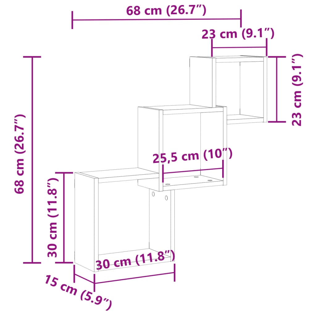 Wandplanken kubus 68x15x68cm bewerkt hout artisanaal eikenkleur