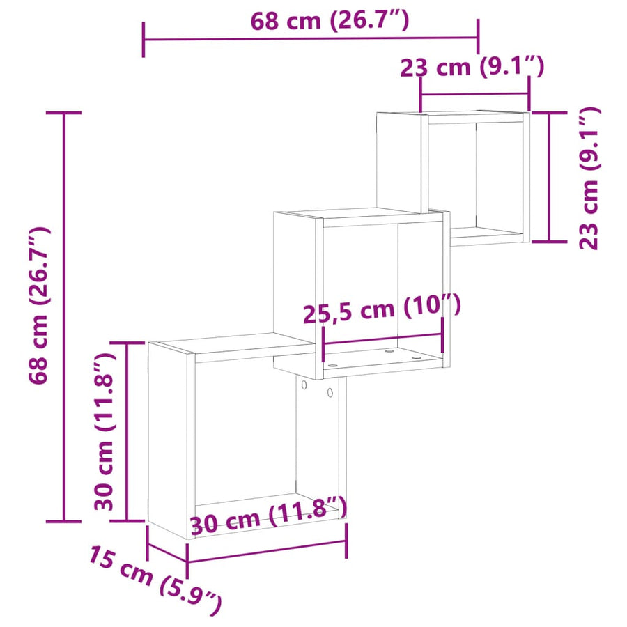 Wandplanken kubus 68x15x68cm bewerkt hout artisanaal eikenkleur