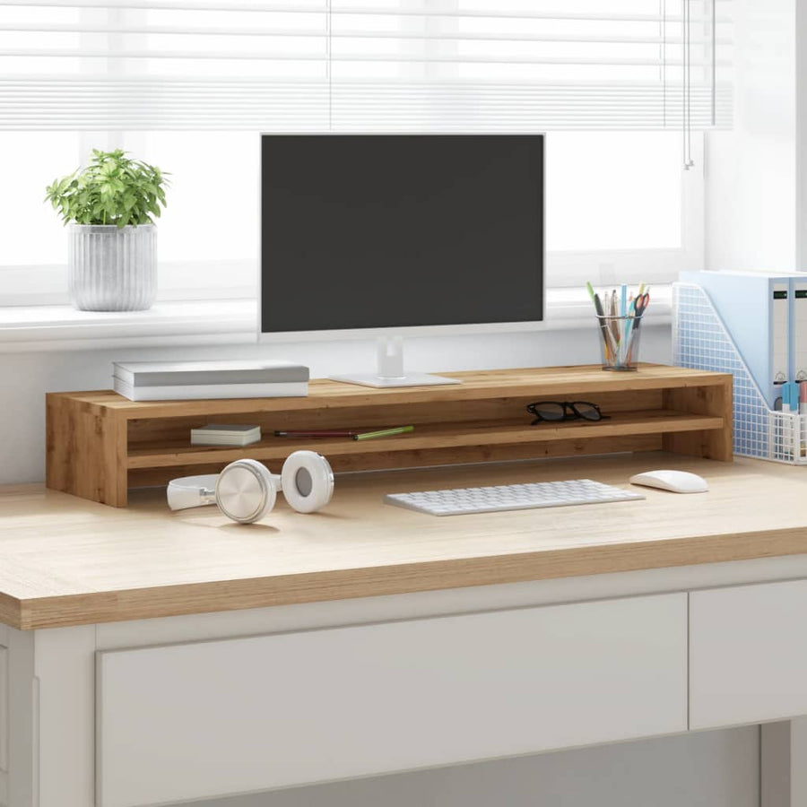 Monitorstandaard 100x24x13cm bewerkt hout artisanaal eikenkleur