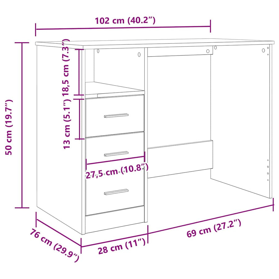 Bureau 102x76x50 cm bewerkt hout oud houtkleurig