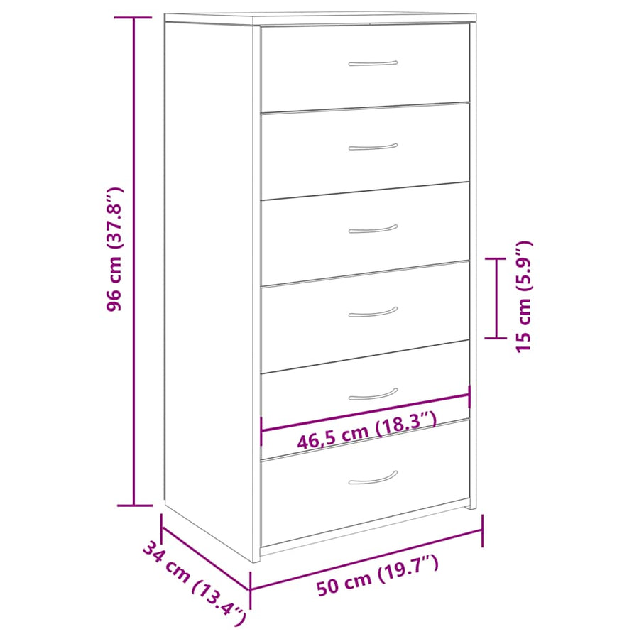Dressoir met 6 lades 50x34x96 cm bewerkt hout oud houtkleurig