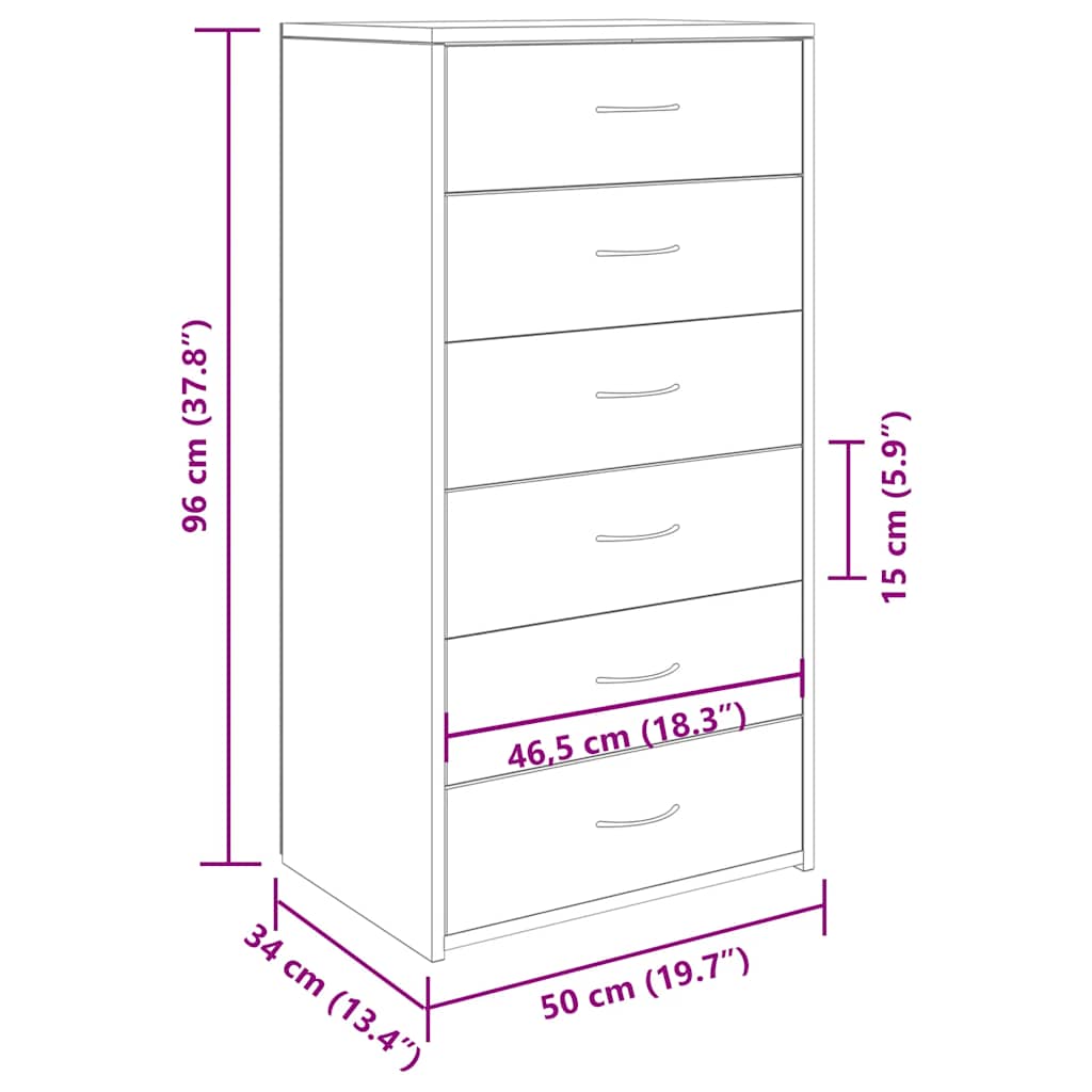 Dressoir met 6 lades 50x34x96 cm bewerkt hout artisanaal eiken
