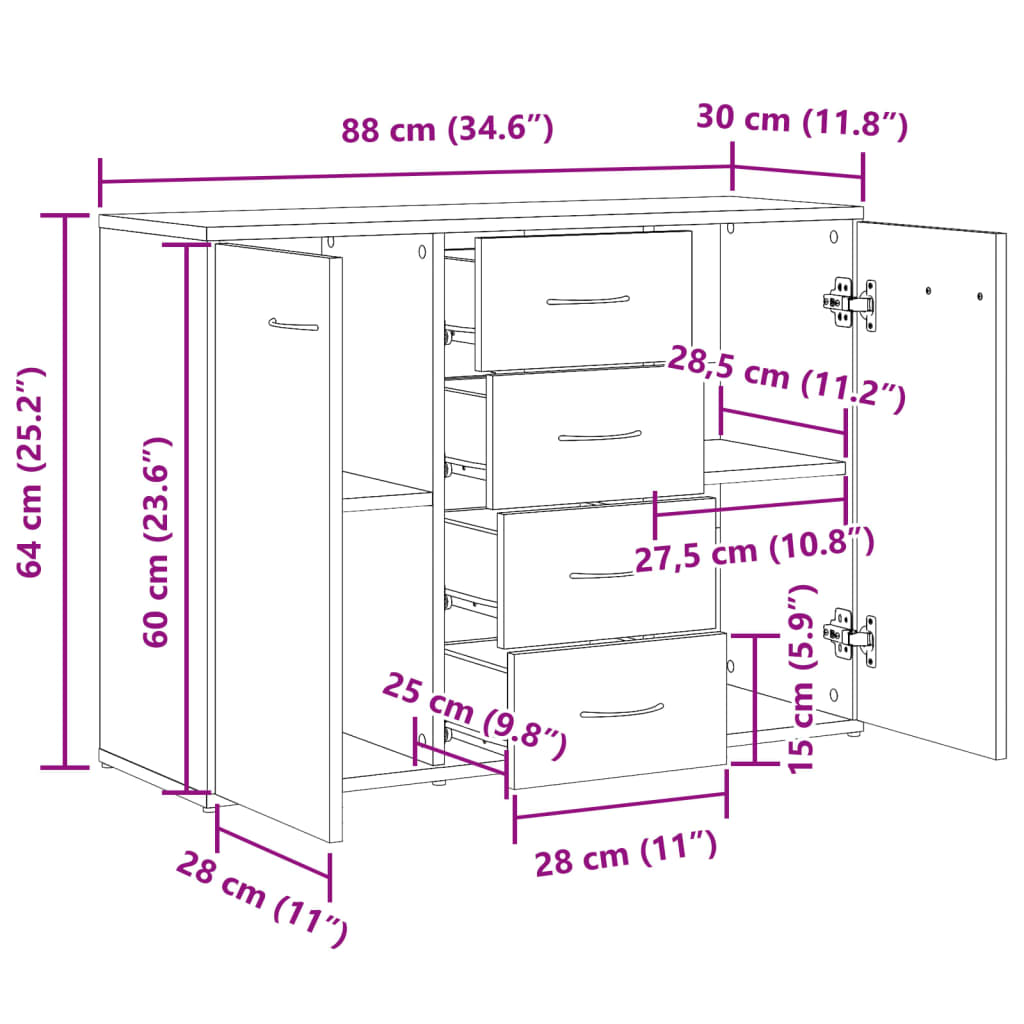 Dressoir 88x30x64 cm bewerkt hout artisanaal eikenkleur