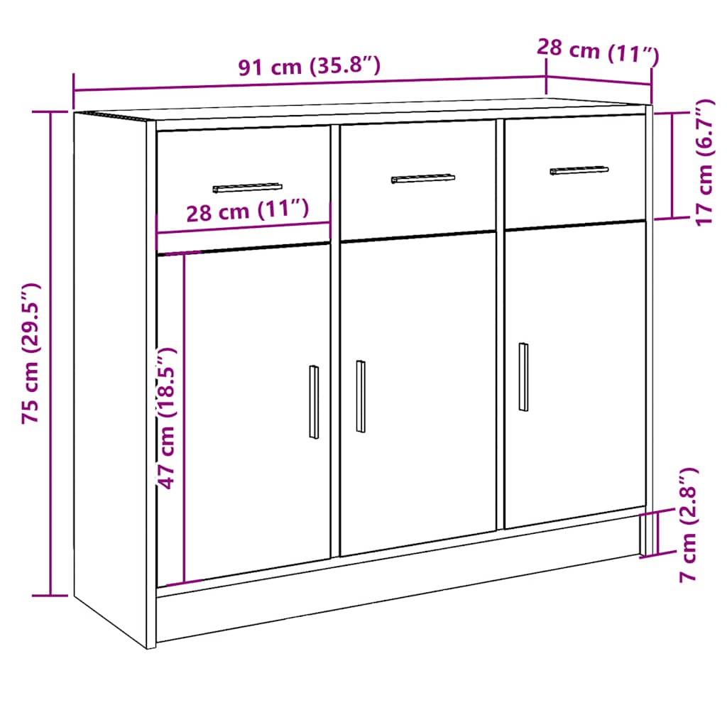 Dressoir 91x28x75 cm bewerkt hout oud houtkleurig