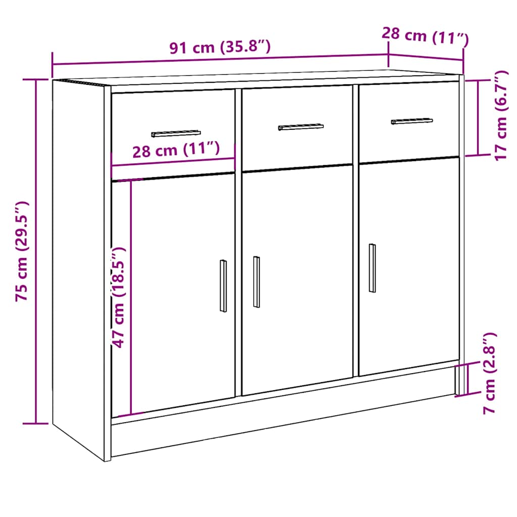 Dressoir 91x28x75 cm bewerkt hout artisanaal eikenkleur
