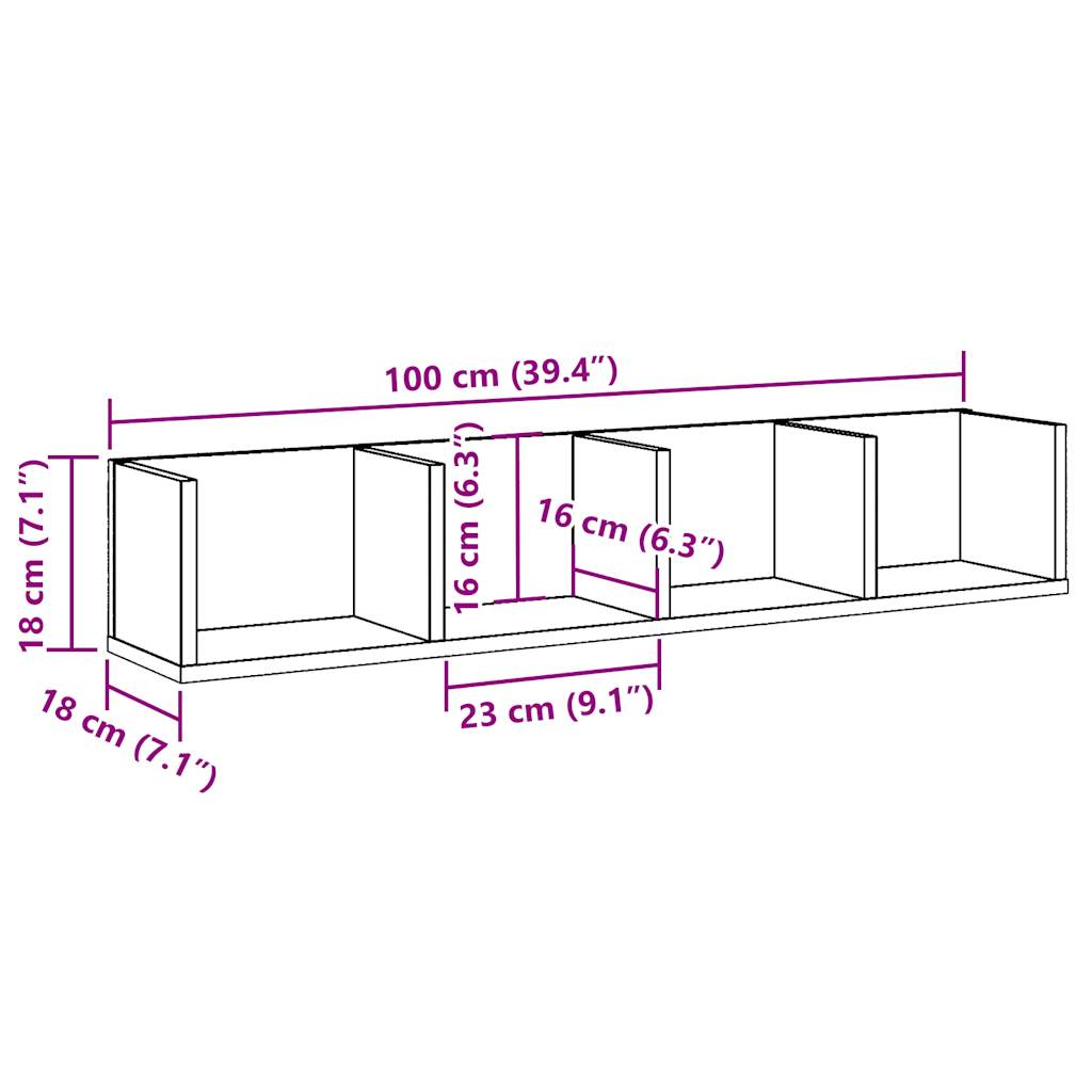 CD-wandschap 100x18x18 cm bewerkt hout artisanaal eikenkleurig