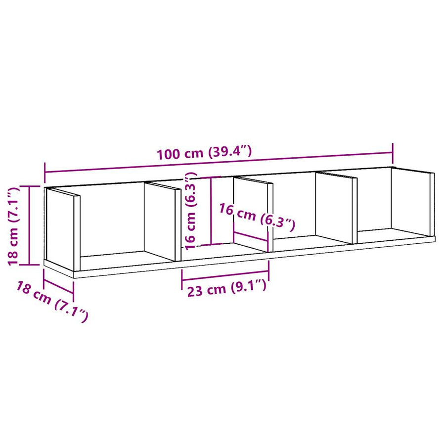 CD-wandschap 100x18x18 cm bewerkt hout artisanaal eikenkleurig