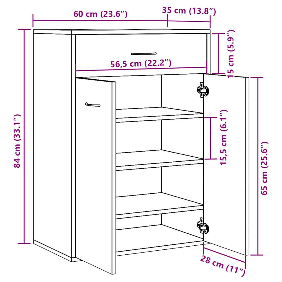 Schoenenkast 60x35x84 cm bewerkt hout oud houtkleurig