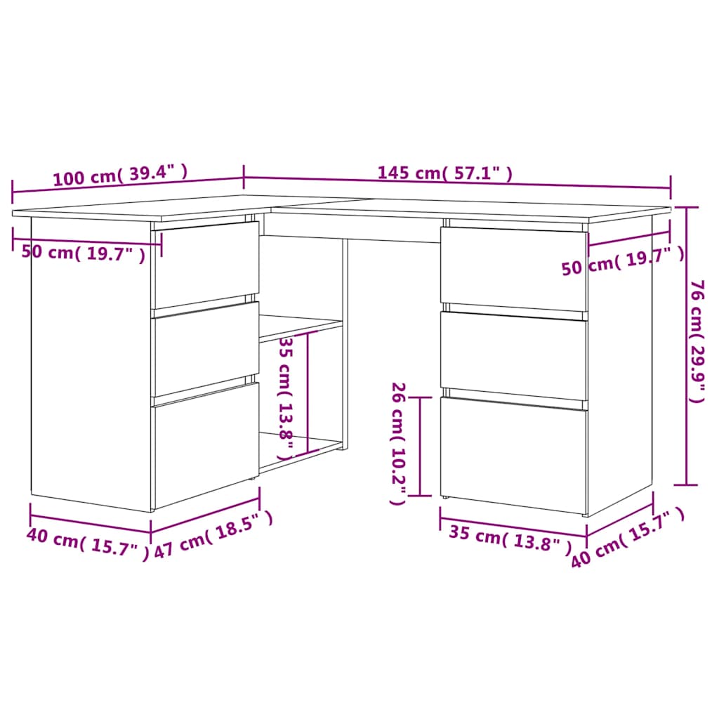 Hoekbureau 145x100x76 cm bewerkt hout artisanaal eikenkleur