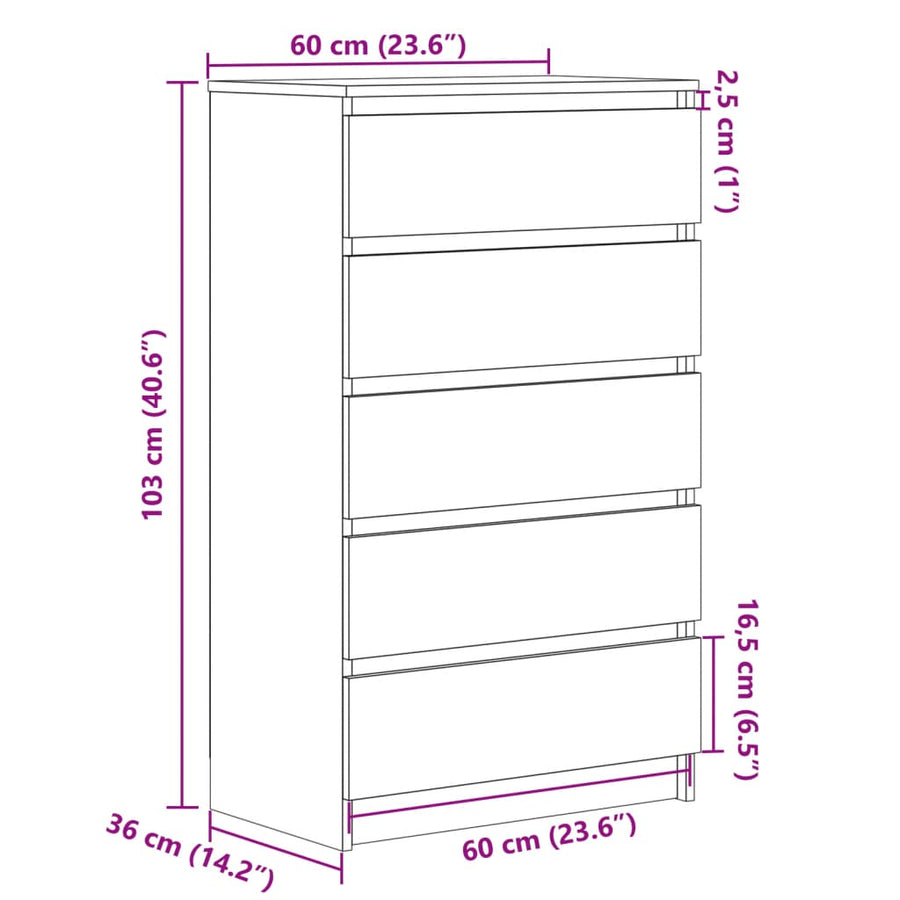 Ladekast 60x36x103 cm bewerkt hout oud houtkleurig