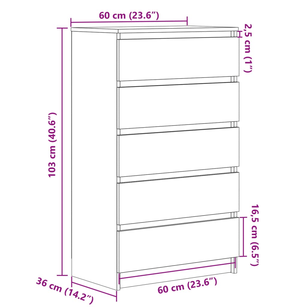 Ladekast 60x36x103 cm bewerkt hout artisanaal eikenkleur