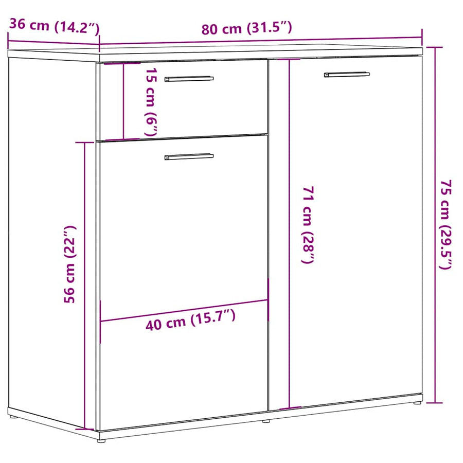 Dressoir 80x36x75 cm bewerkt hout artisanaal eikenkleur