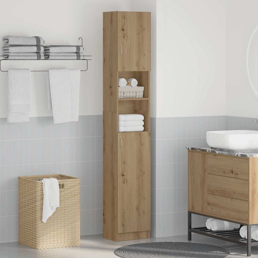 Badkamerkast 32x25,5x190cm bewerkt hout artisanaal eikenkleurig