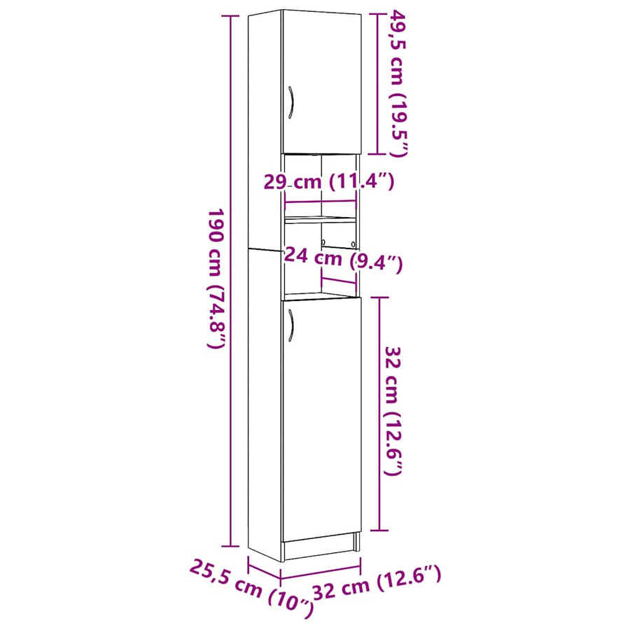 Badkamerkast 32x25,5x190cm bewerkt hout artisanaal eikenkleurig