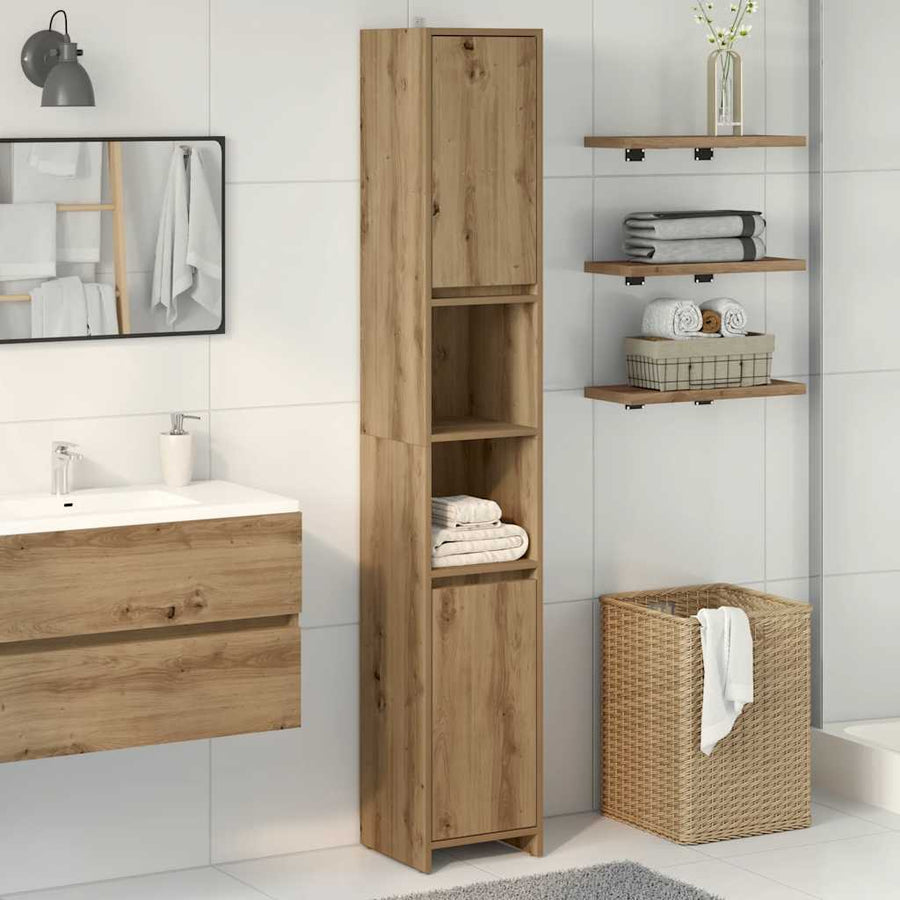Badkamerkast 30x30x183,5 cm bewerkt hout artisanaal eikenkleur