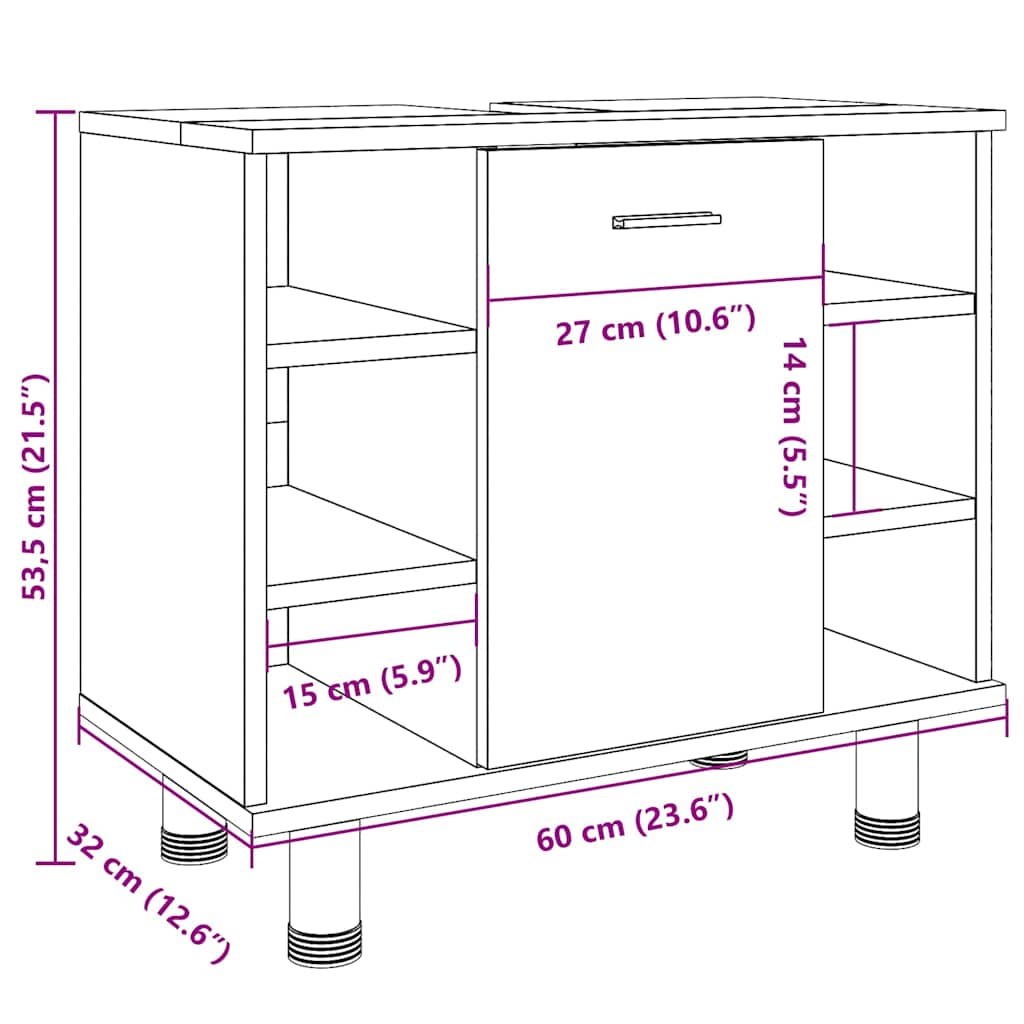 Badkamerkast 60x32x53,5 cm bewerkt hout artisanaal eikenkleur
