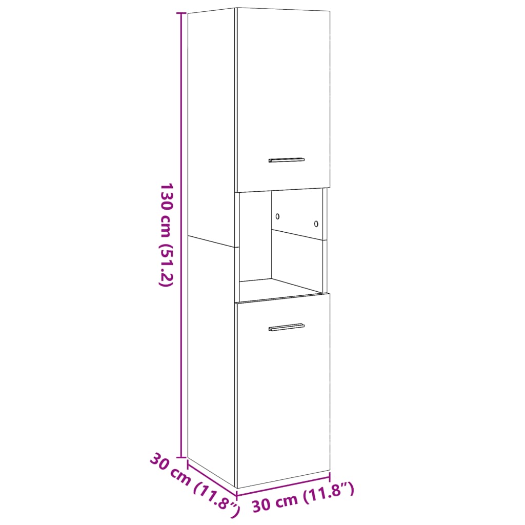 Badkamerwandkast 30x30x130cm bewerkt hout artisanaal eikenkleur